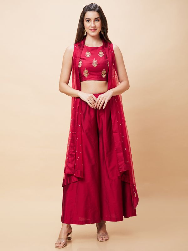 Globus Women Pink Festive Co-Ord Set with Embroidered Crop Top, Solid Palazzo and Sequinned Shrug