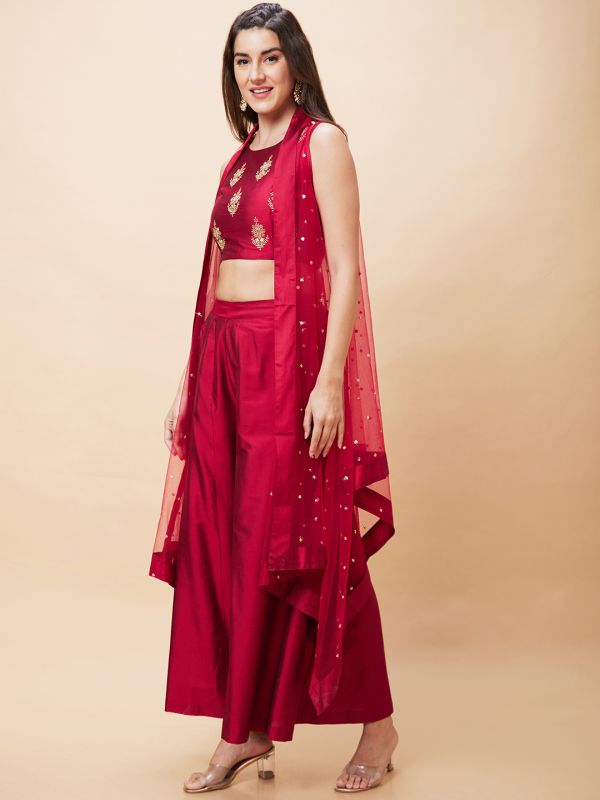 Globus Women Pink Festive Co-Ord Set with Embroidered Crop Top, Solid Palazzo and Sequinned Shrug