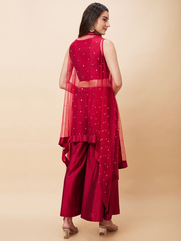 Globus Women Pink Festive Co-Ord Set with Embroidered Crop Top, Solid Palazzo and Sequinned Shrug