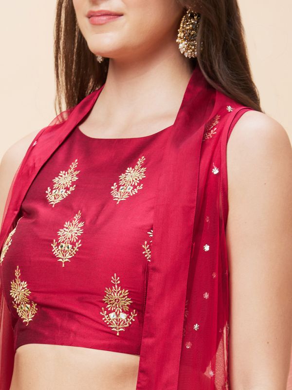 Globus Women Pink Festive Co-Ord Set with Embroidered Crop Top, Solid Palazzo and Sequinned Shrug