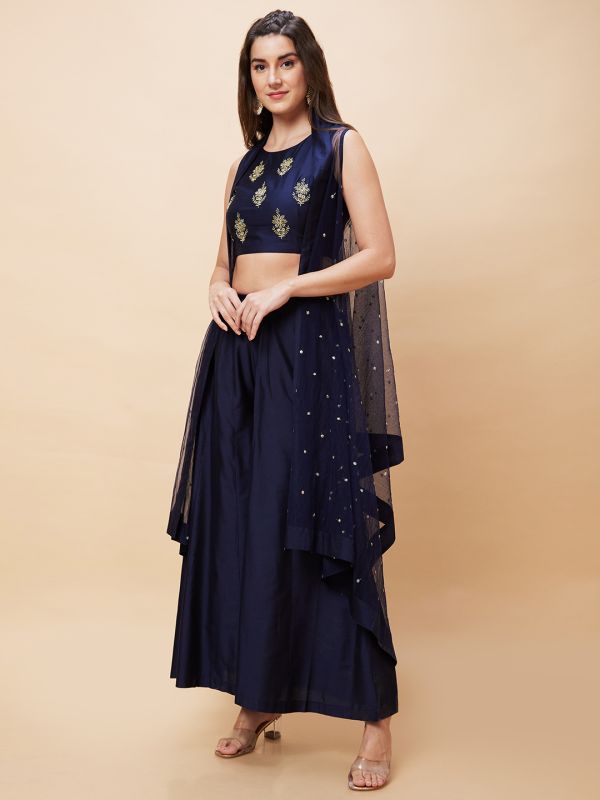 Globus Women Blue Festive Co-Ord Set with Embroidered Crop Top, Solid Palazzo and Sequinned Shrug