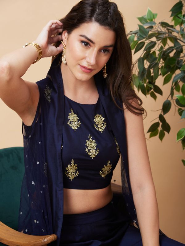 Globus Women Blue Festive Co-Ord Set with Embroidered Crop Top, Solid Palazzo and Sequinned Shrug