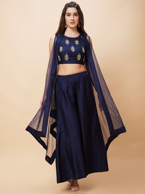 Globus Women Blue Festive Co-Ord Set with Embroidered Crop Top, Solid Palazzo and Sequinned Shrug
