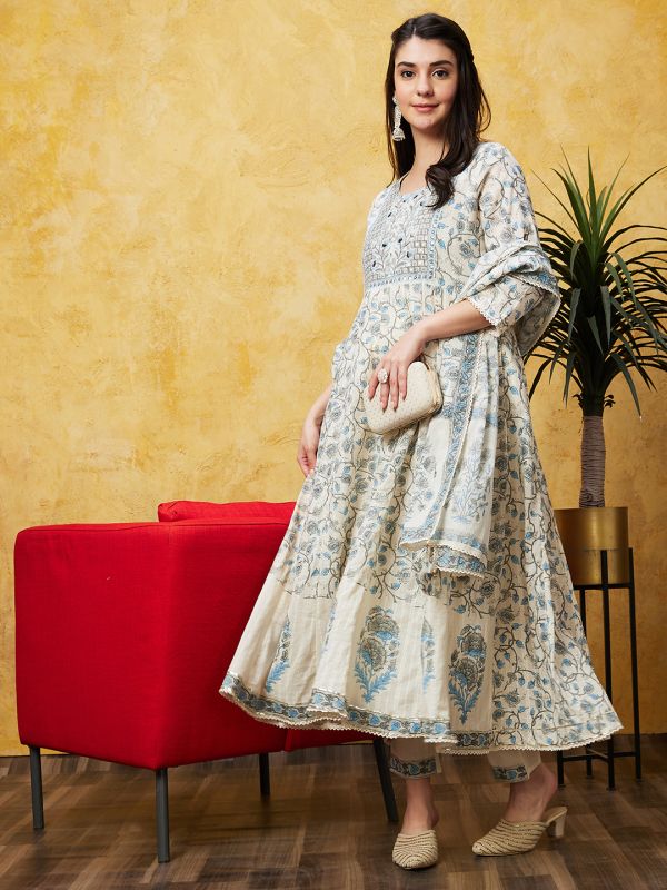 Globus Women Blue Printed Anarkali Ethnic Kurta Set With Trouser and Dupatta