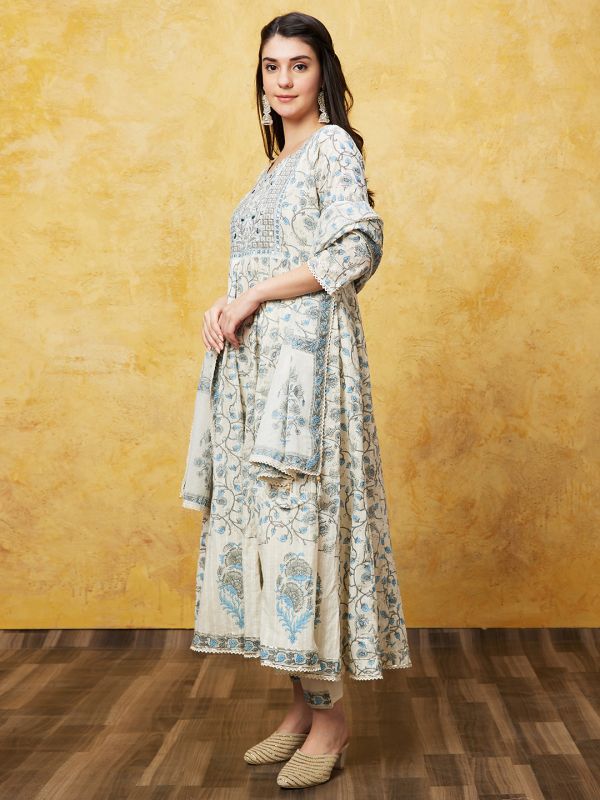 Globus Women Blue Printed Anarkali Ethnic Kurta Set With Trouser and Dupatta