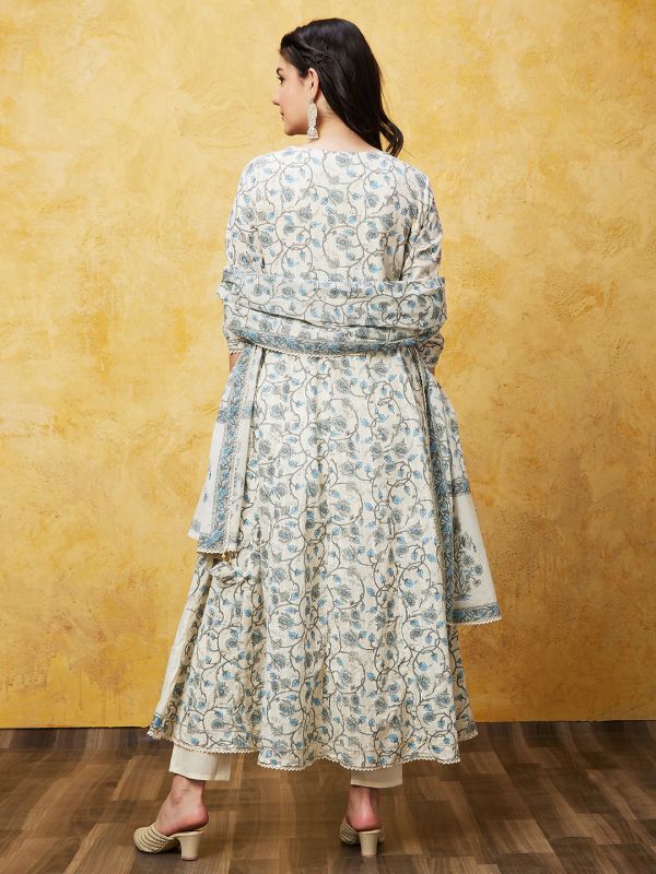 Globus Women Blue Printed Anarkali Ethnic Kurta Set With Trouser and Dupatta