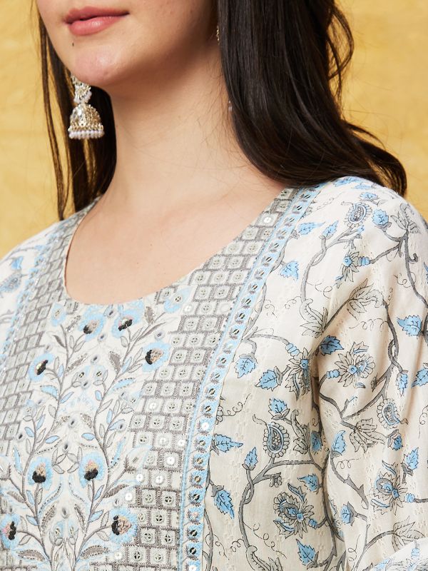 Globus Women Blue Printed Anarkali Ethnic Kurta Set With Trouser and Dupatta