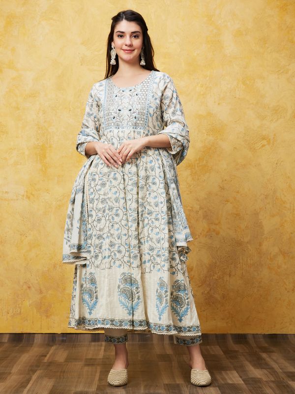 Globus Women Blue Printed Anarkali Ethnic Kurta Set With Trouser and Dupatta