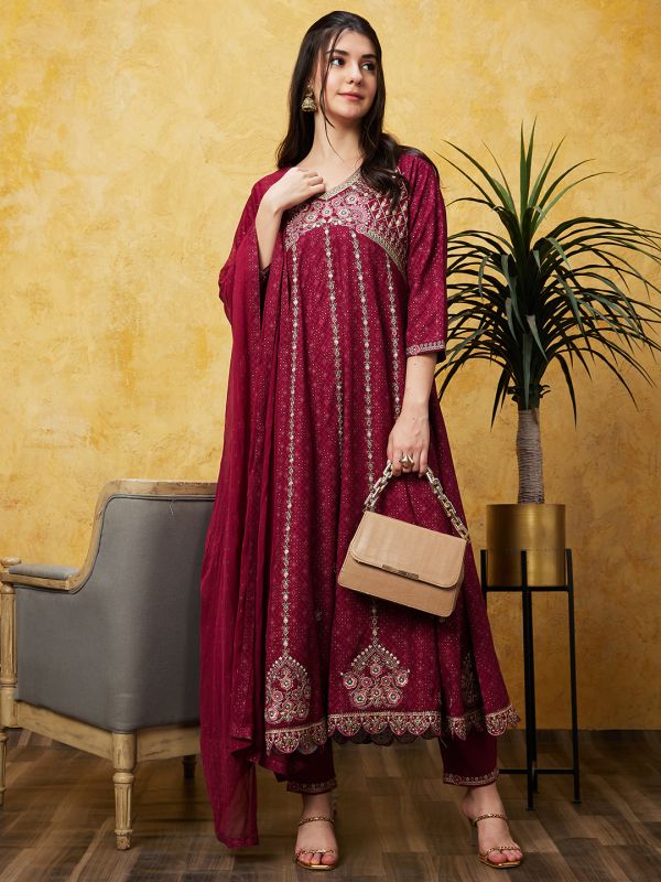 Globus Women Wine Embroidered Anarkali Ethnic Kurta Set With Trouser and Dupatta 