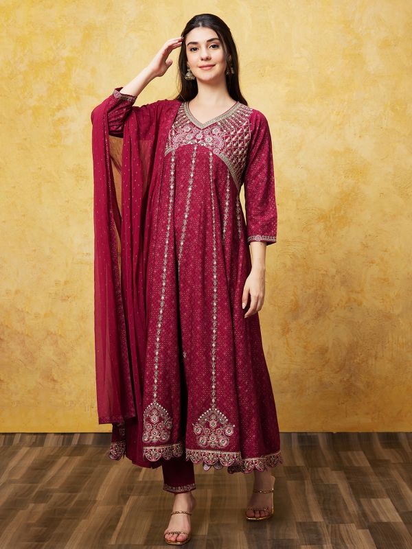 Globus Women Wine Embroidered Anarkali Ethnic Kurta Set With Trouser and Dupatta 