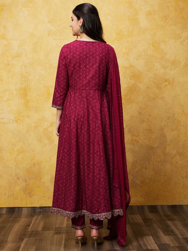 Globus Women Wine Embroidered Anarkali Ethnic Kurta Set With Trouser and Dupatta 