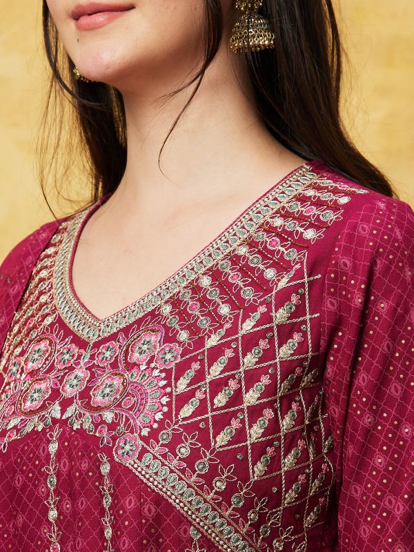Globus Women Wine Embroidered Anarkali Ethnic Kurta Set With Trouser and Dupatta 