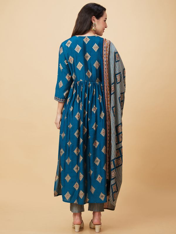 Globus Women Teal Ethnic Motifs Print 3-Piece Festive Anarkali Kurta Set with Trouser and Dupatta