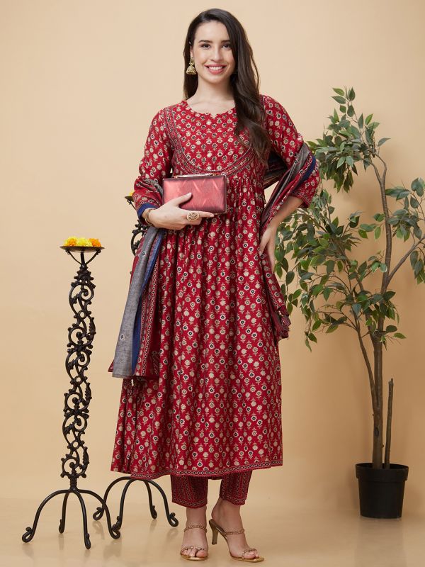 Globus Women Maroon Ethnic Motifs Print 3-Piece Festive Anarkali Kurta Set with Trouser and Dupatta