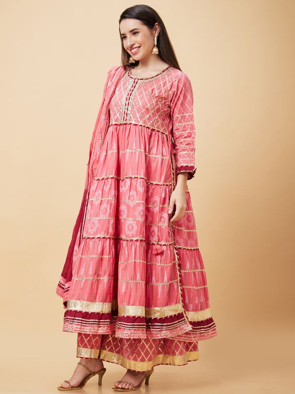 Globus Women Pink Gotta Patti & Allover Printed Pleated Tiered Anarkali Kurta With Sharara & Dupatta