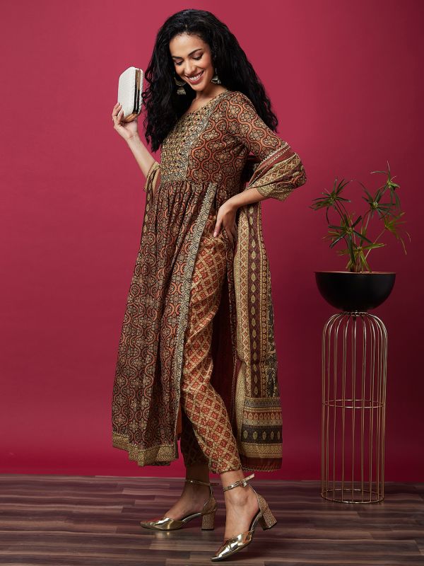 Globus Women Brown Ethnic Motifs Print Flared A-Line Festive Kurta Set With Dupatta