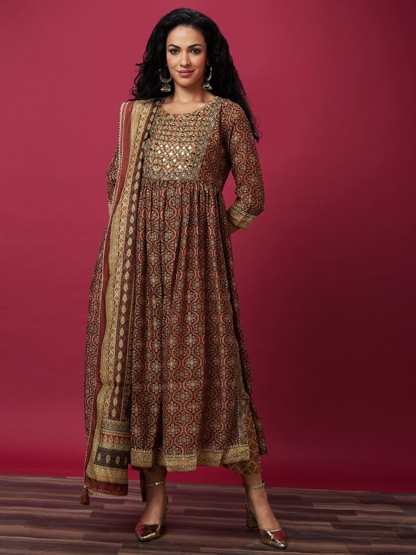 Globus Women Brown Ethnic Motifs Print Flared A-Line Festive Kurta Set With Dupatta