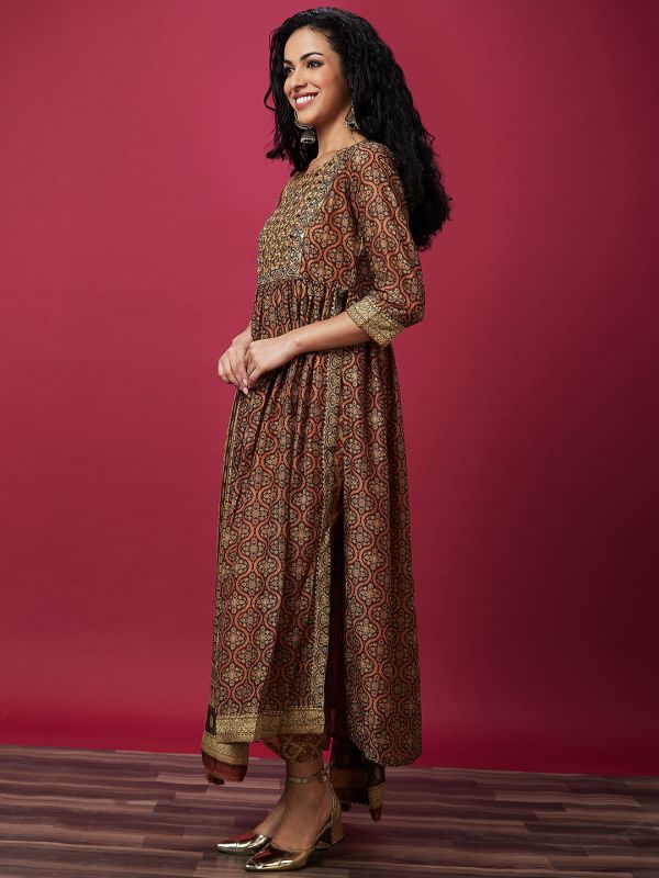 Globus Women Brown Ethnic Motifs Print Flared A-Line Festive Kurta Set With Dupatta