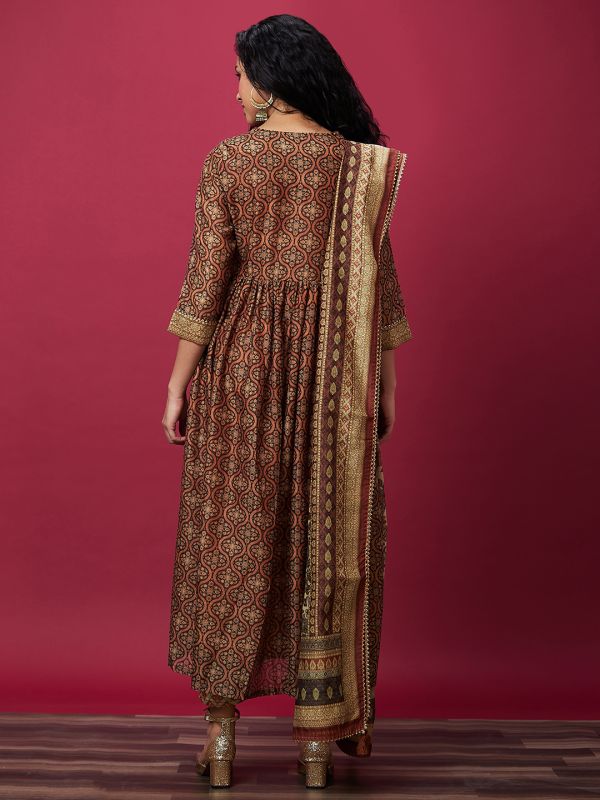 Globus Women Brown Ethnic Motifs Print Flared A-Line Festive Kurta Set With Dupatta