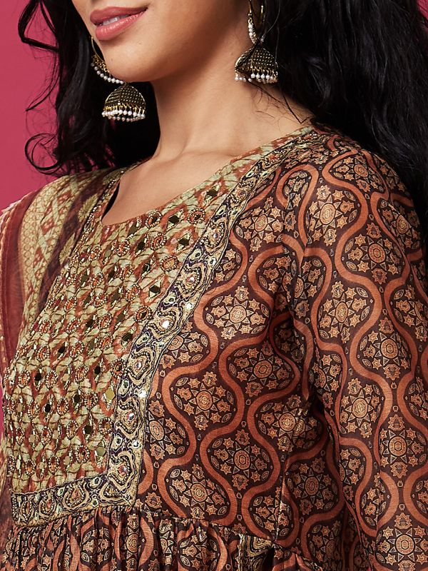 Globus Women Brown Ethnic Motifs Print Flared A-Line Festive Kurta Set With Dupatta