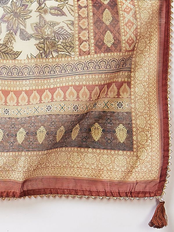 Globus Women Brown Ethnic Motifs Print Flared A-Line Festive Kurta Set With Dupatta