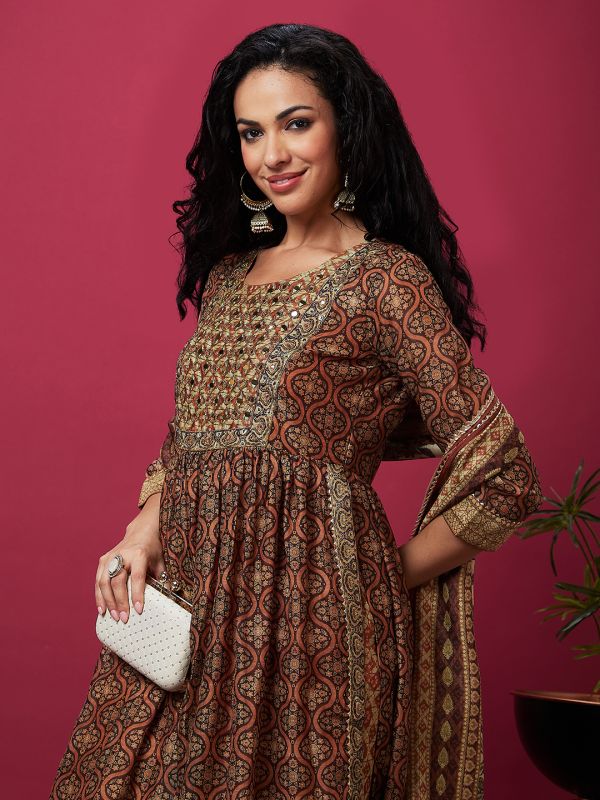 Globus Women Brown Ethnic Motifs Print Flared A-Line Festive Kurta Set With Dupatta