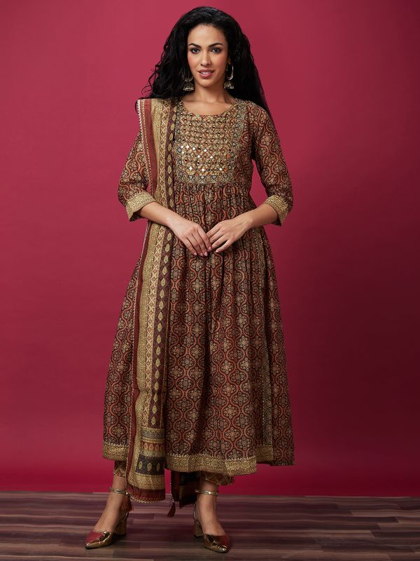 Globus Women Brown Ethnic Motifs Print Flared A-Line Festive Kurta Set With Dupatta