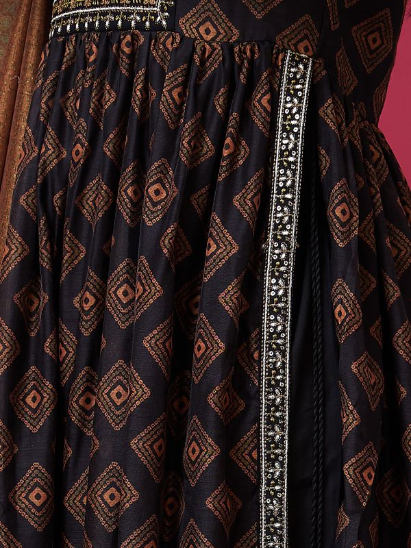 Globus Women Black Ethnic Motifs Print Flared A-Line Festive Kurta Set with Dupatta