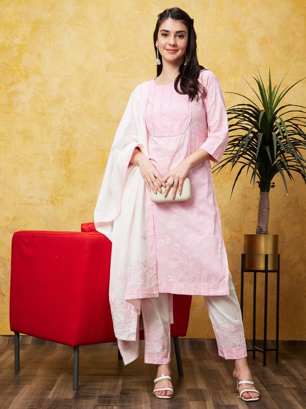 Globus Women Pink Printed Kurta Set WithTrouser and Dupatta