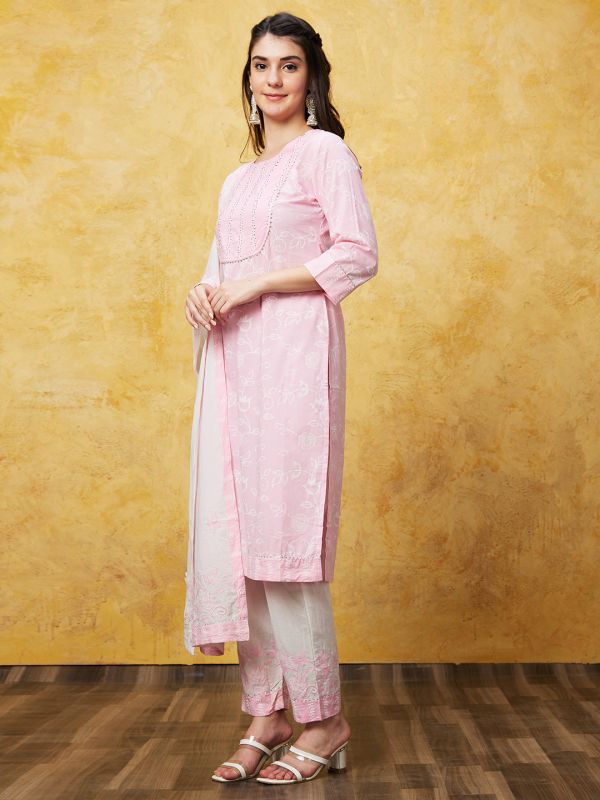 Globus Women Pink Printed Kurta Set WithTrouser and Dupatta