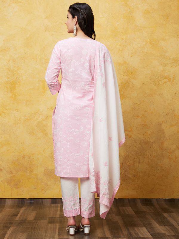 Globus Women Pink Printed Kurta Set WithTrouser and Dupatta