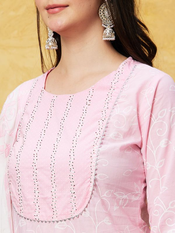 Globus Women Pink Printed Kurta Set WithTrouser and Dupatta
