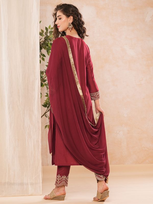 Globus Women Maroon Floral Embroidered V-Neck Bell Sleeves Kurta & Pant Set With Fringed Dupatta