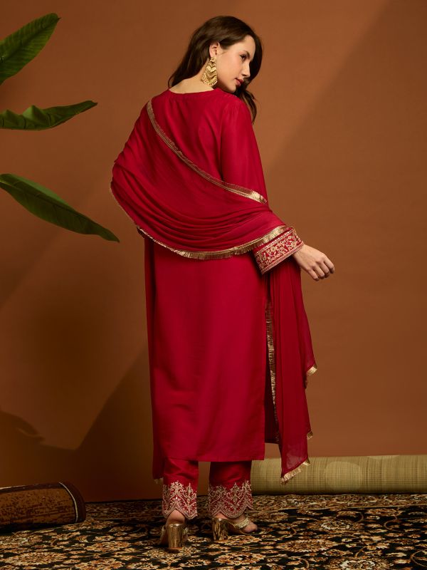 Globus Women Maroon Floral Embroidered V-Neck Bell Sleeves Kurta & Pant Set With Fringed Dupatta