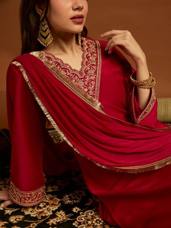 Globus Women Maroon Floral Embroidered V-Neck Bell Sleeves Kurta & Pant Set With Fringed Dupatta