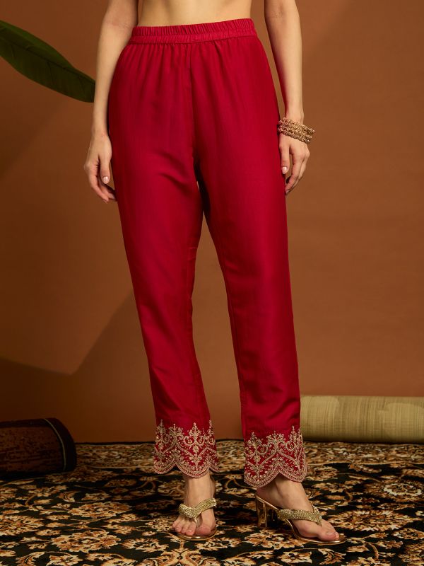 Globus Women Maroon Floral Embroidered V-Neck Bell Sleeves Kurta & Pant Set With Fringed Dupatta