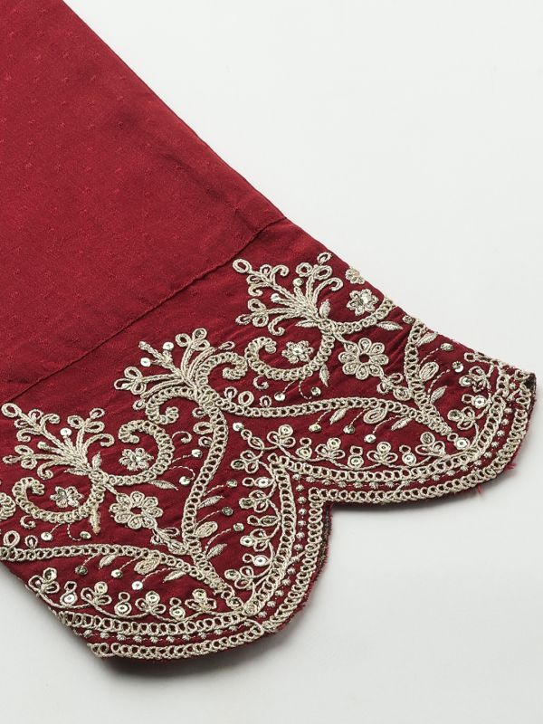 Globus Women Maroon Floral Embroidered V-Neck Bell Sleeves Kurta & Pant Set With Fringed Dupatta