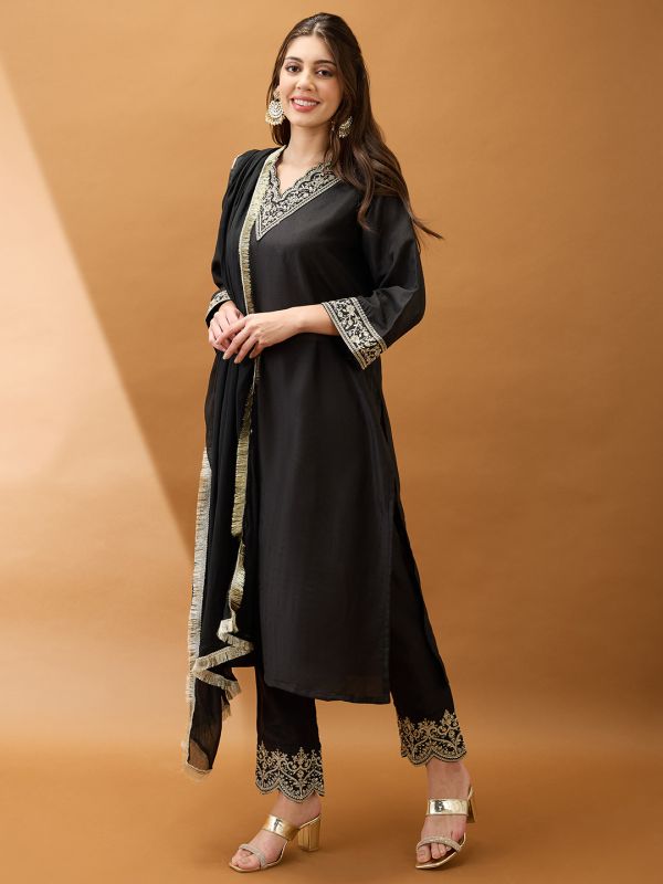 Globus Women Black Sequinned Zari Embroidered V-Neck Bell Sleeves Kurta With Pant & Dupatta Festive Set