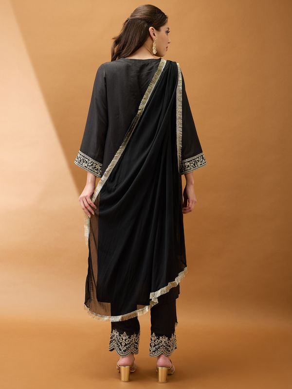 Globus Women Black Sequinned Zari Embroidered V-Neck Bell Sleeves Kurta With Pant & Dupatta Festive Set