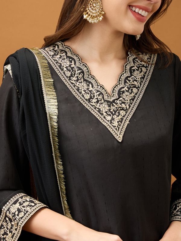 Globus Women Black Sequinned Zari Embroidered V-Neck Bell Sleeves Kurta With Pant & Dupatta Festive Set