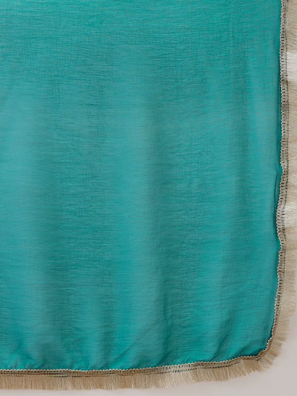 Globus Women Teal Sequinned Zari Embroidered V-Neck Bell Sleeves Kurta With Pant & Dupatta Festive Set