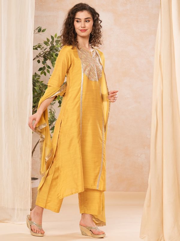 Globus Women Mustard Embroidered Yoke Kurta Set With Dupatta