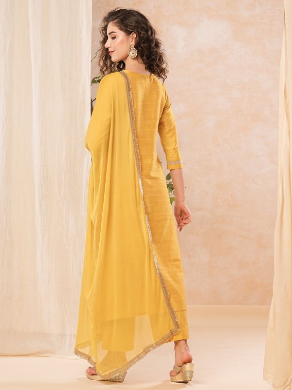 Globus Women Mustard Embroidered Yoke Kurta Set With Dupatta