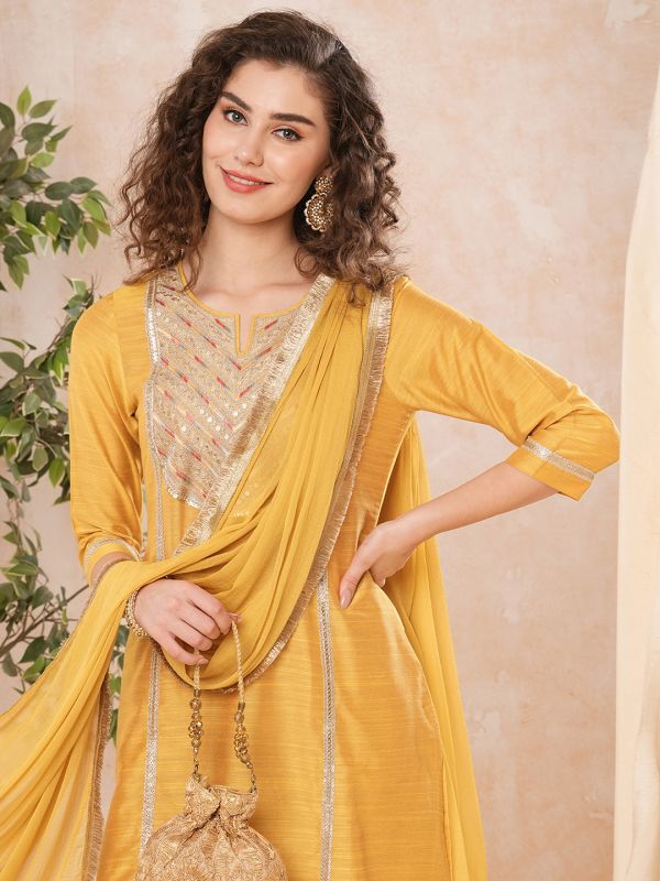 Globus Women Mustard Embroidered Yoke Kurta Set With Dupatta