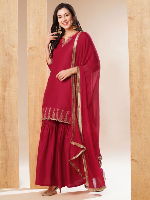 Globus Women Red Embroidered Straight Festive Kurta With Sharara & Dupatta Set