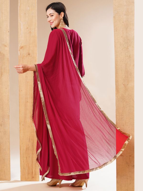 Globus Women Red Embroidered Straight Festive Kurta With Sharara & Dupatta Set