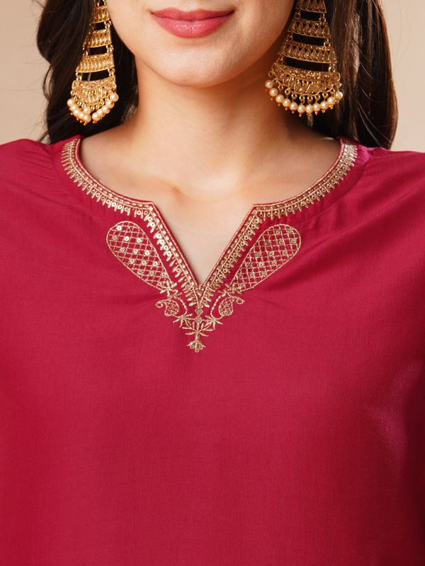 Globus Women Red Embroidered Straight Festive Kurta With Sharara & Dupatta Set