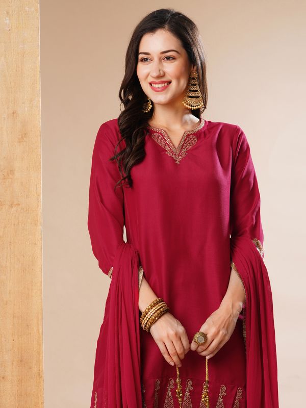 Globus Women Red Embroidered Straight Festive Kurta With Sharara & Dupatta Set