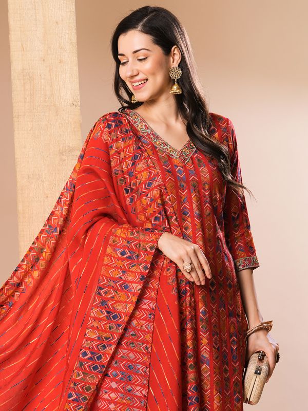 Globus Women Red Embroidered Neckline Allover Printed Straight Kurta With Pants & Dupatta
