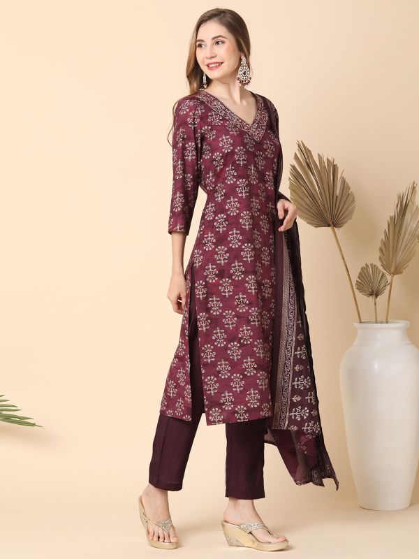 Globus Women Wine Allover Printed Straight Kurta With Narrow Pants & Dupatta